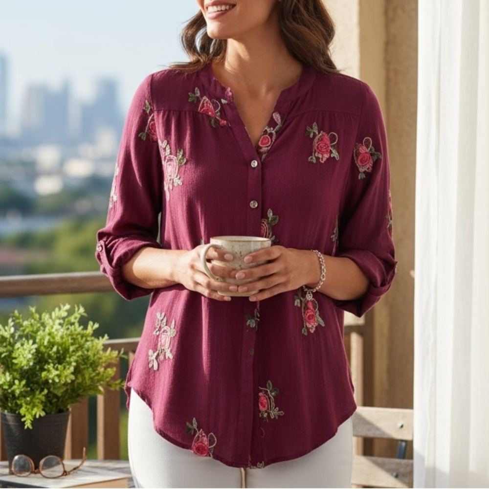 Figueroa & Flower Petite M Burgundy Floral Embroidered Boho Summer Blouse